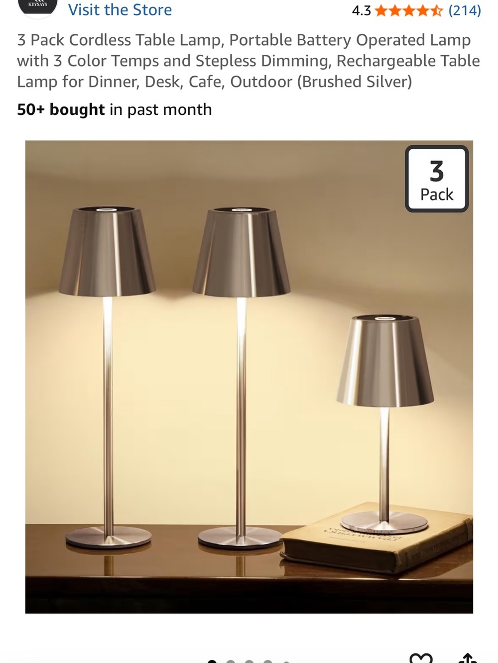 3-Pack Brushed Silver Cordless Table Lamps
